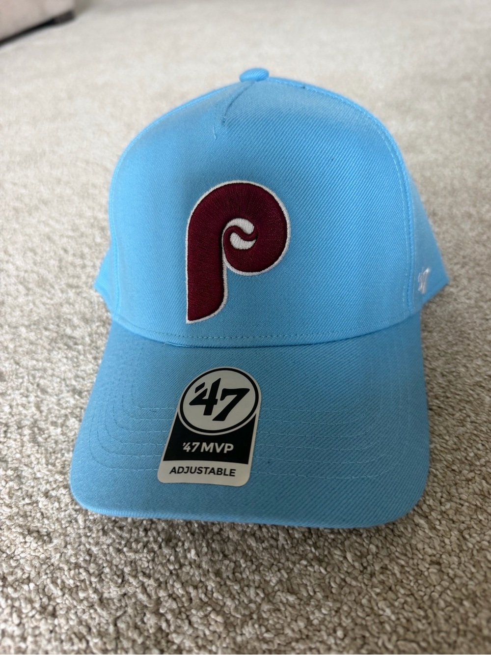 47 Light Blue Snapback Hat with Maroon Phillies P
